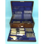 A part-canteen of Walker & Hall Old English pattern plated flatware, in fitted walnut canteen box.