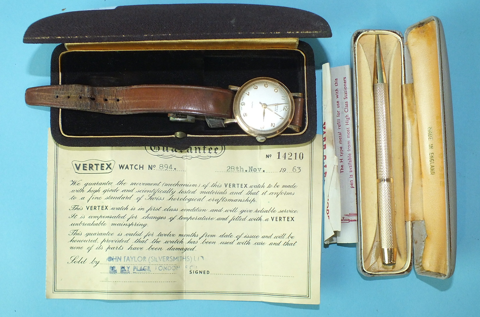 A Vertex Revue 'Allproof' gold-cased gentleman's wrist watch, inscription to back, with case and a