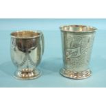 An early-20th century tapered christening mug engraved with flowers, 19cm, inscribed 'Peggy',