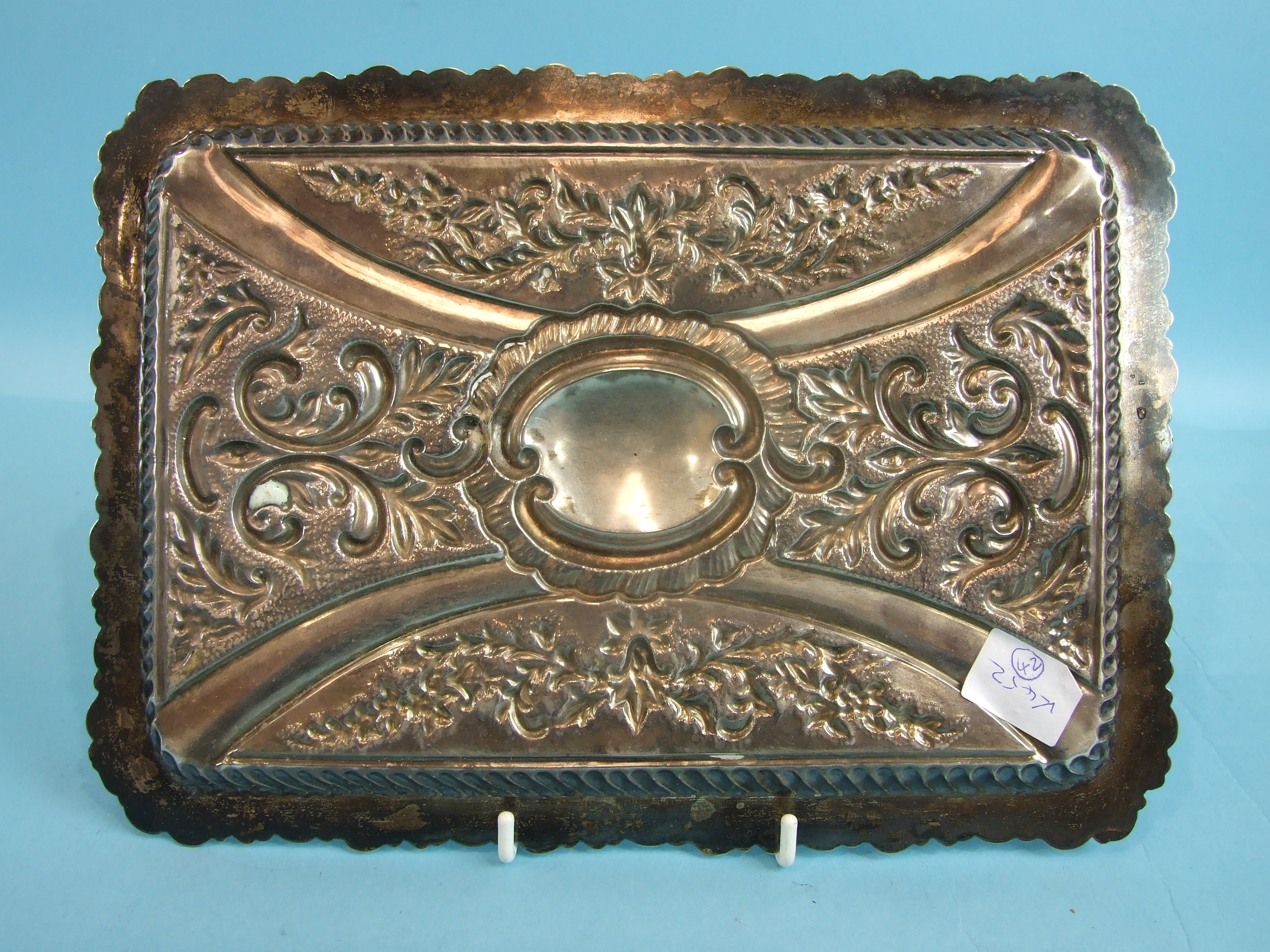 A late-Victorian rectangular foliate embossed tray, with engraved central cartouche, 'Xmas 1898', - Image 2 of 2