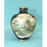 A Japanese Satsuma ovoid vase c1900, decorated with panels of figures and birds on a gilded dark