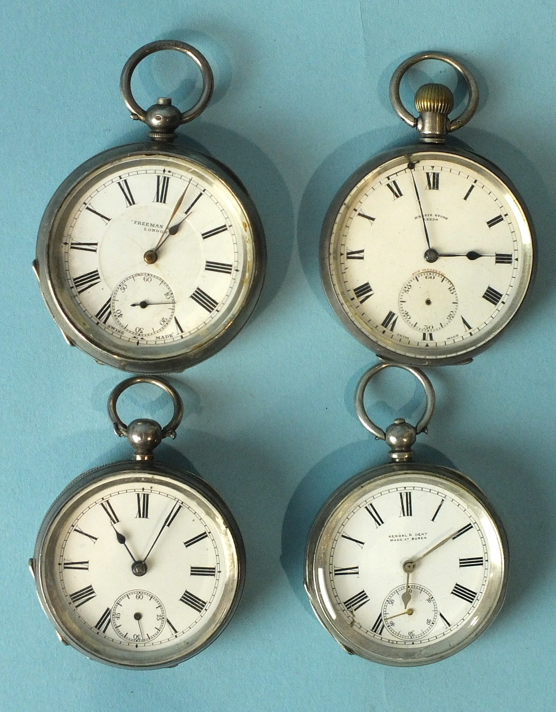 Three silver-cased open-face key-wind pocket watches and one keyless open-face pocket watch, (all - Image 2 of 3