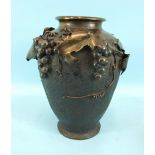 A large Japanese bronze vase c1900, applied to the shoulder with fruiting vines, unsigned, 32cm high