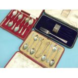 A cased set of six silver teaspoons with sugar tongs, London 1900/01, a cased set of six modern