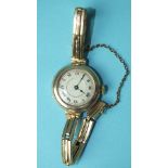 A lady's 9ct-gold-cased wrist watch, (a/f), the silvered dial with Roman numerals, on sprung