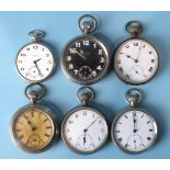 Six keyless open-face pocket watches, all base-metal-cased.