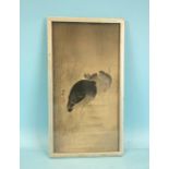 A Japanese framed watercolour depicting two moorhen in reeds, signed, 33.5 x 17cm.