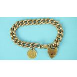 A rose gold curb-link bracelet marked '15ct' on padlock clasp, with gold 1$ (US) coin, (pierced),