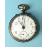 An open-face keyless pocket watch with alarm, with white enamel dial, Arabic numerals and seconds