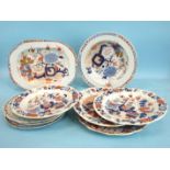 A Masons ironstone octagonal Imari pattern dish and a group of eight similar plates, impressed and