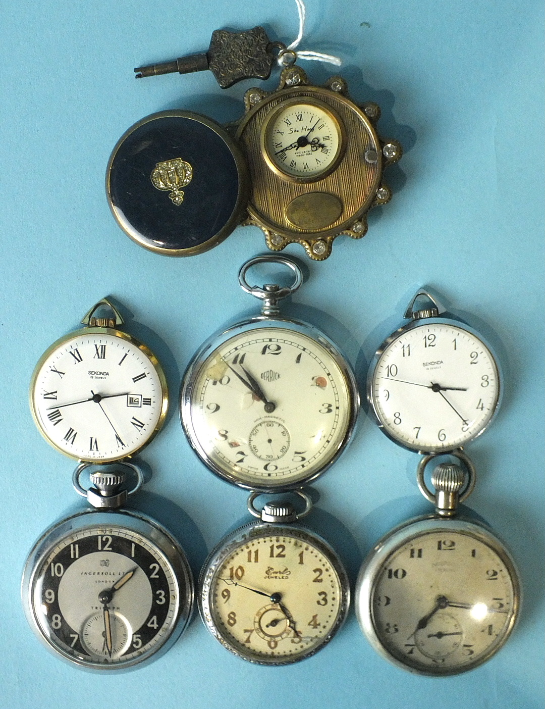 Seven various open-face pocket watches by Ingersol, Sekonda, Derrick and Shu Hang.