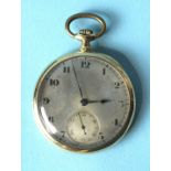 A gold-cased keyless open-face pocket watch, the silvered dial with Arabic numerals and seconds