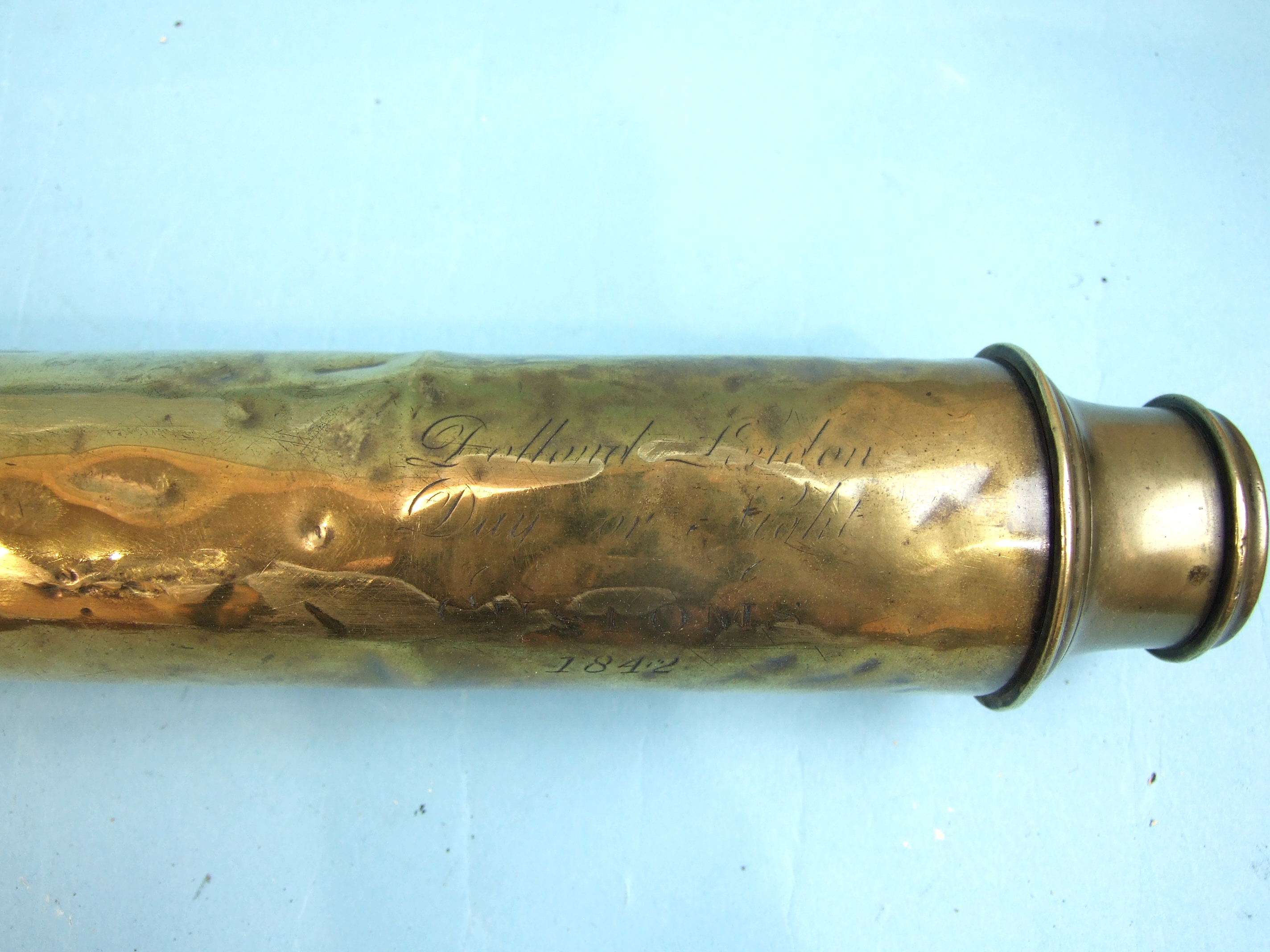 A mid-19th century brass two-draw telescope engraved 'Dolland, London, Day or Night Customs 1842', - Image 2 of 3