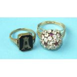 An unmarked ring set white and red stone cluster, size Q½, 5.8g and an Edwardian 9ct gold and onyx