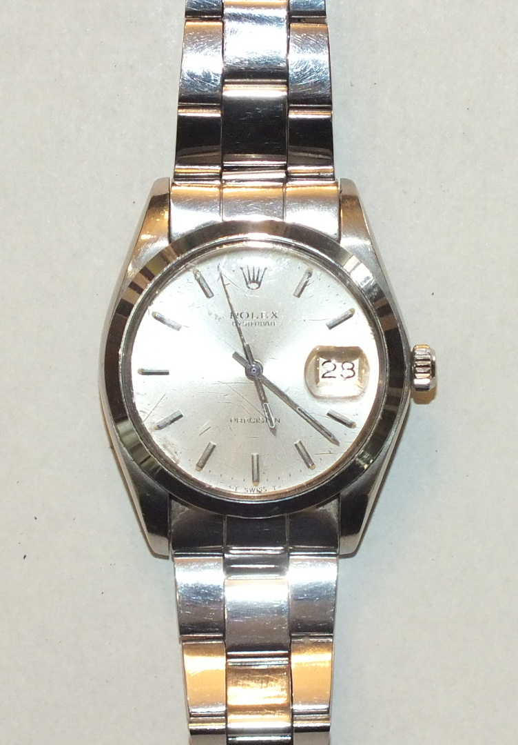Rolex, Oysterdate Precision stainless steel wrist watch c1972/3, the circular dial with baton