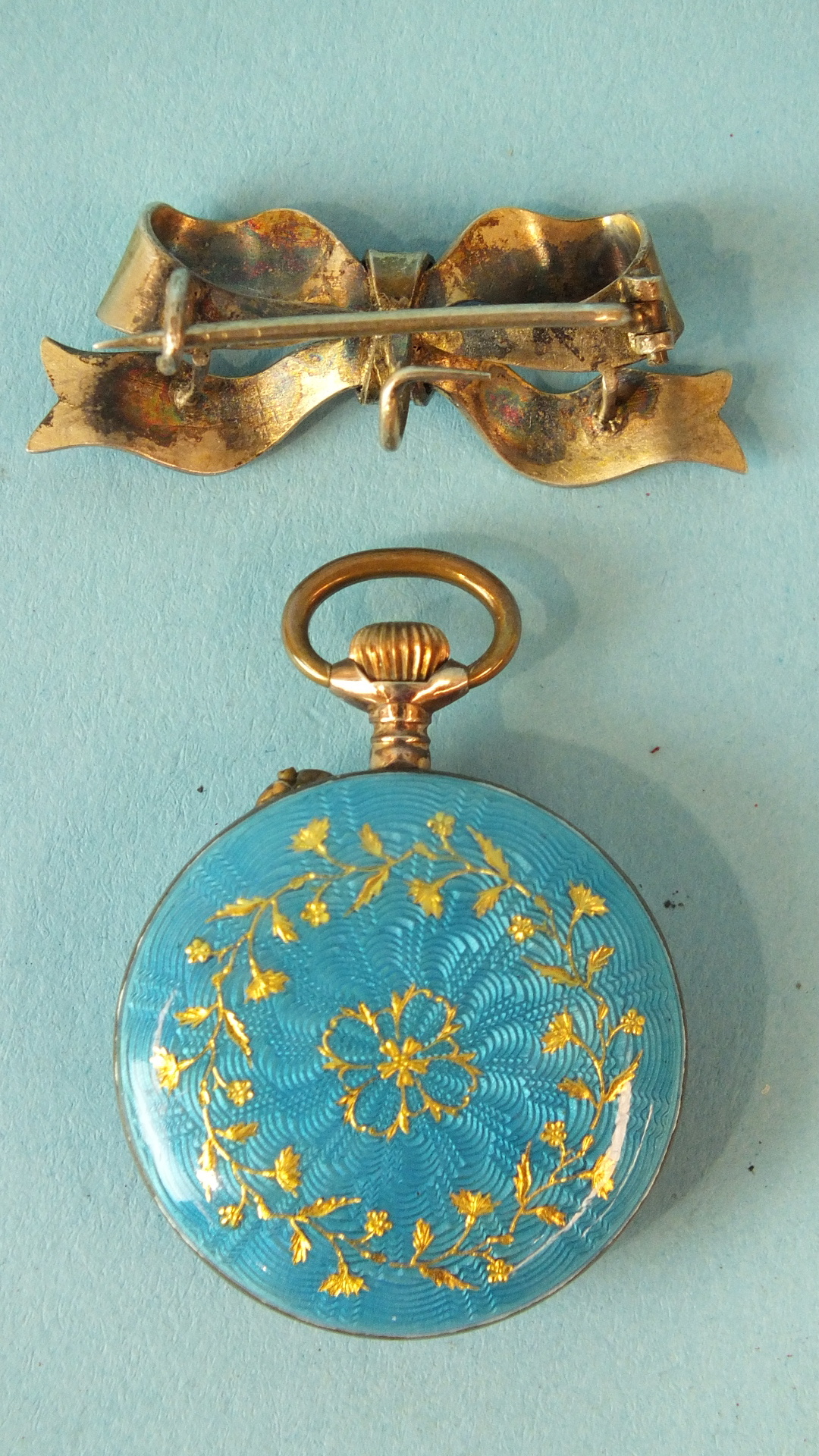 A ladies Swiss keyless pocket watch, the white enamel dial with Roman numerals within blue guilloche - Image 2 of 2