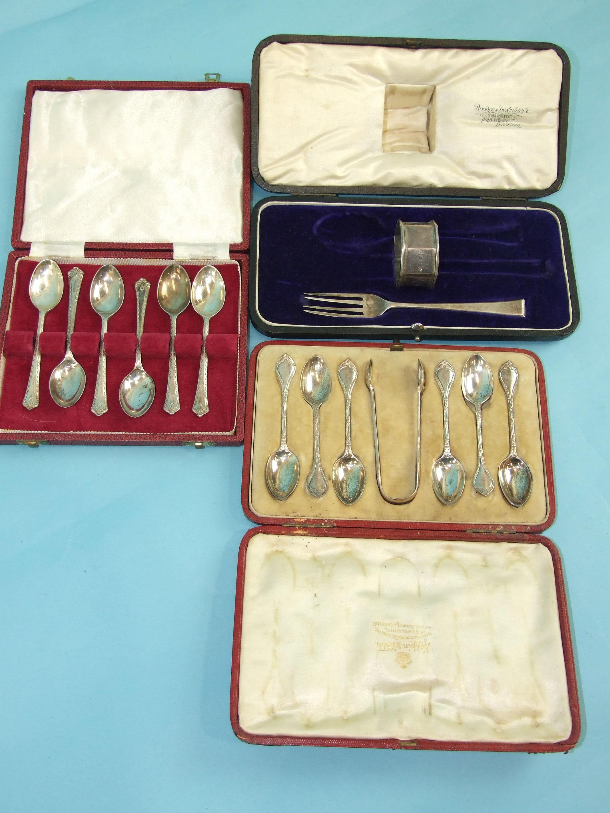 A cased set of six silver teaspoons with sugar tongs, London 1900/01, a cased set of six modern - Image 2 of 2