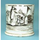 A rare 19th century Staffordshire transfer-printed mug depicting a scene titled "Emigrants to