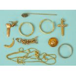 A pair of 9ct gold earrings, a 9ct gold cross on chain and other items of gold, 9.1g.