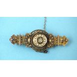 A Victorian 15ct gold brooch set diamond and pearl cluster, within cannetille decoration, 5.2g,