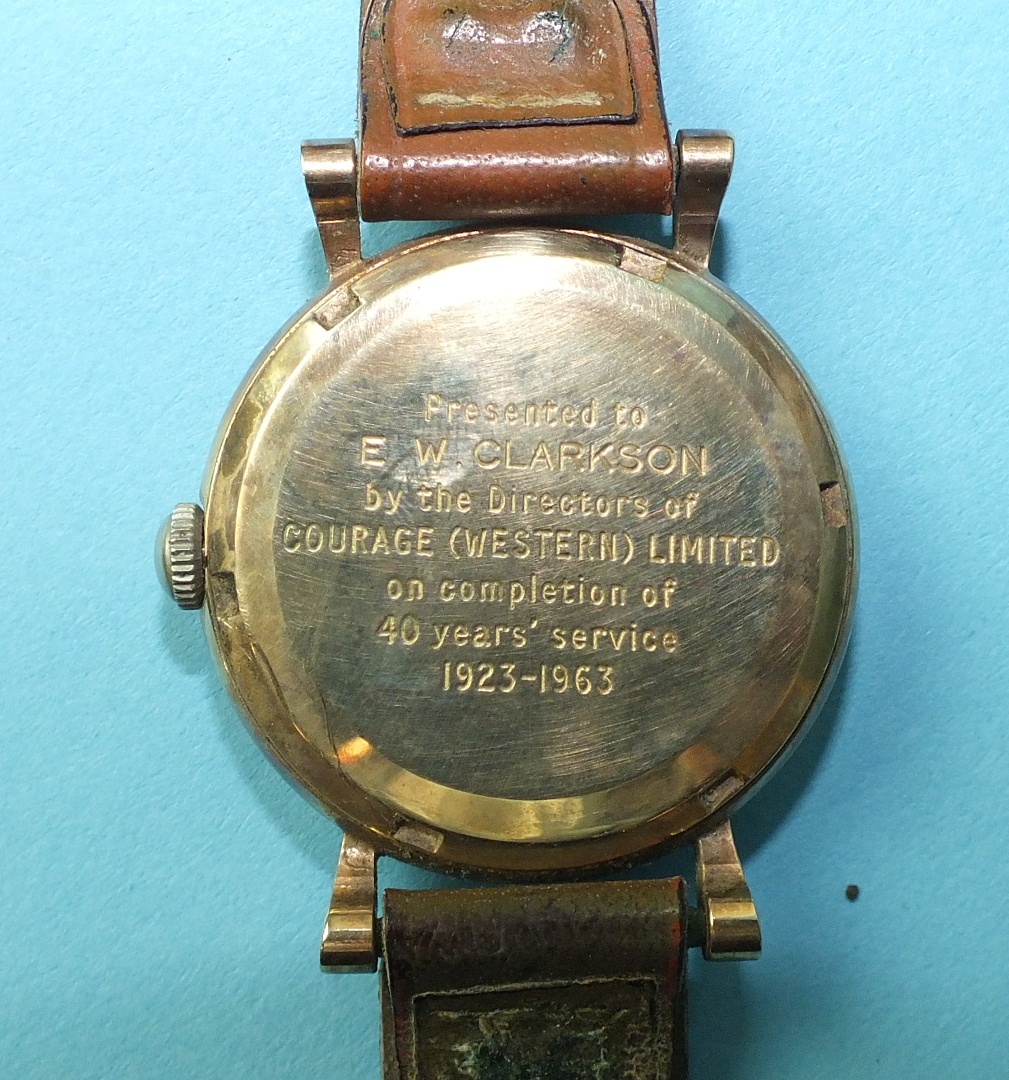 A Vertex Revue 'Allproof' gold-cased gentleman's wrist watch, inscription to back, with case and a - Image 3 of 3