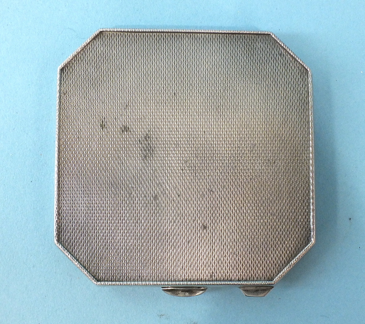 An octagonal silver powder compact by William Neale and Son Ltd, with pale blue guilloche- - Image 2 of 2