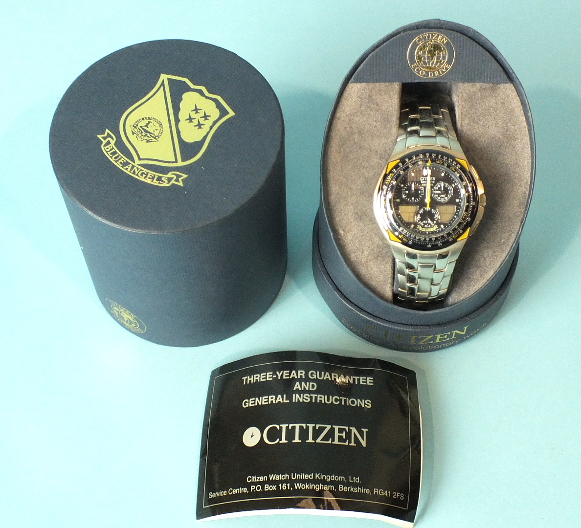 A gentleman's Citizen Eco-Drive Skyhawk wrist watch with steel case and bracelet, 'Blue Angels'