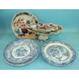 A Masons ironstone Imari-pattern shaped pedestal dish and a similarly-shaped rectangular dish,