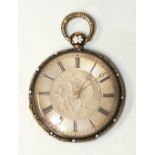 A lady's enamelled 18ct-gold-cased open-face pocket watch, the silvered dial with floral centre