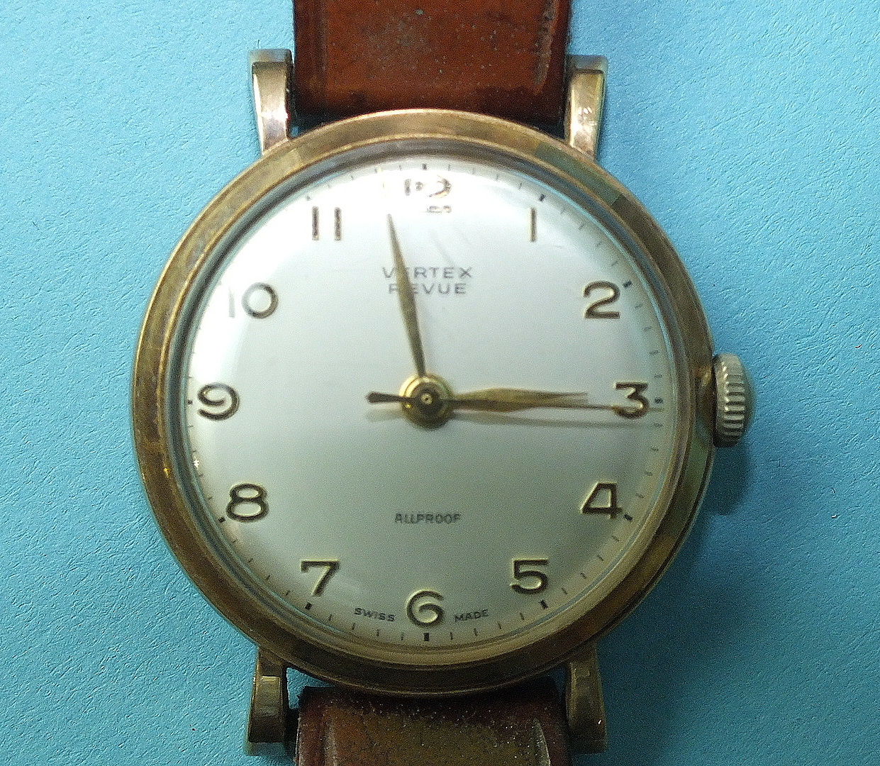 A Vertex Revue 'Allproof' gold-cased gentleman's wrist watch, inscription to back, with case and a - Image 2 of 3