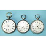 Two silver-cased key-wind open-face pocket watches with white enamel dials, Roman numerals and
