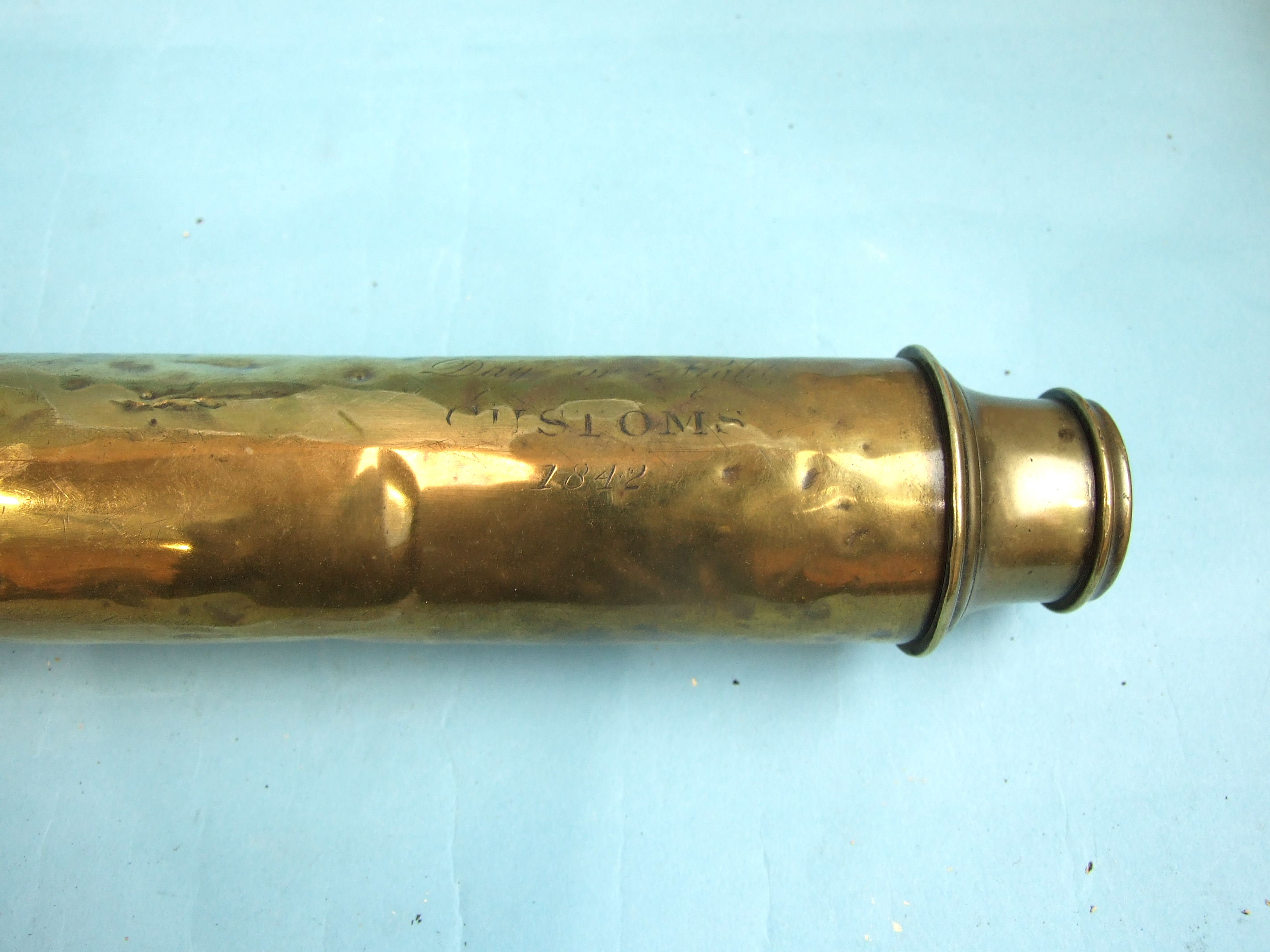A mid-19th century brass two-draw telescope engraved 'Dolland, London, Day or Night Customs 1842', - Image 3 of 3