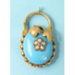 A Victorian padlock locket, the domed front with turquoise enamel surmounted with a pearl cluster