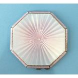 A hexagonal silver powder compact, the bevelled lid with pink guilloche enamel, maker Albert Carter,