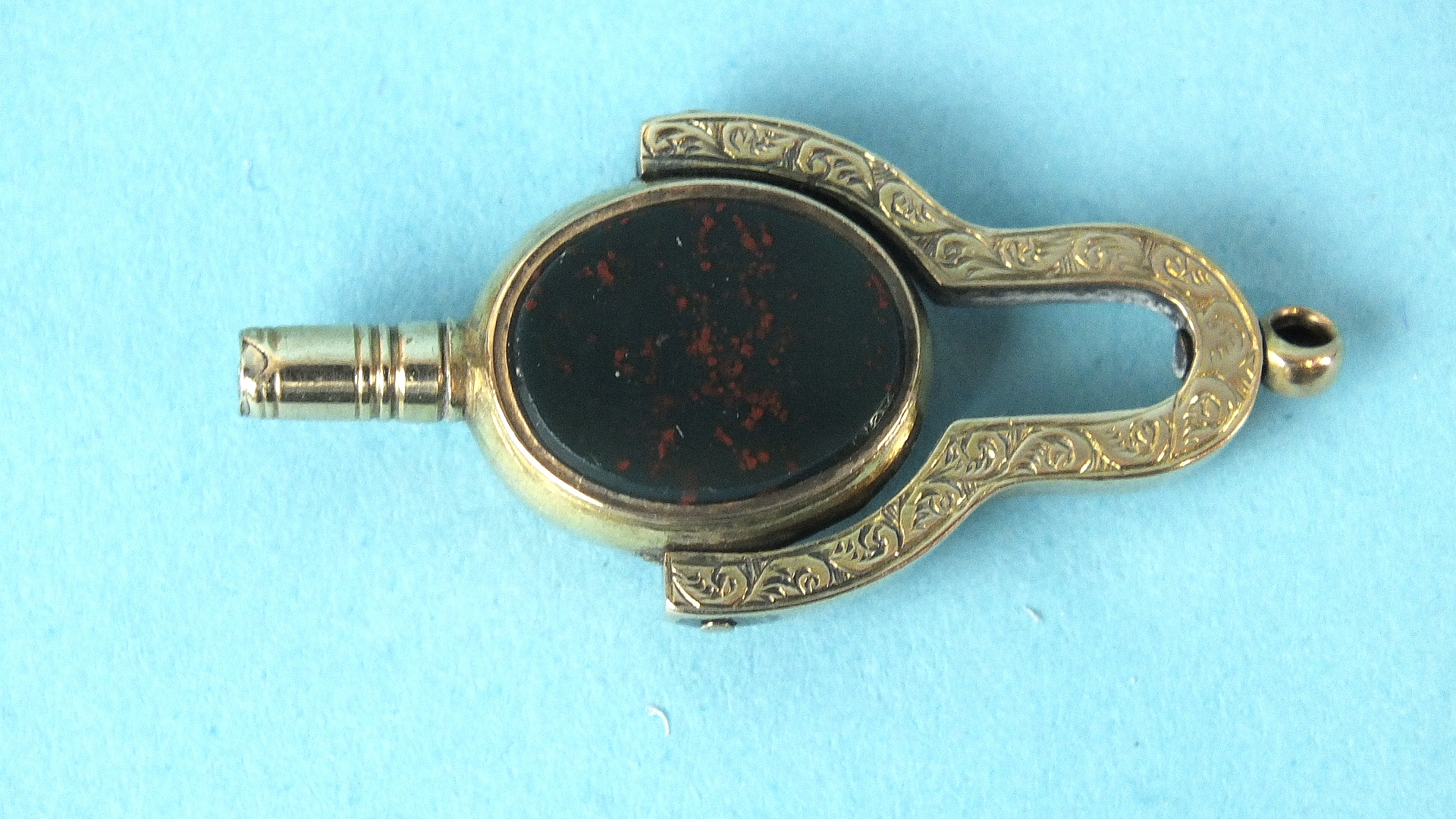 A 19th century swivel-fob watch key set bloodstone and agate, unmarked. - Image 2 of 2