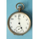 Waltham, a 9ct-rose-gold-cased open-face keyless pocket watch, the white enamel dial with Arabic