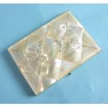 A late-Victorian mother-of-pearl parquetry visiting card case engraved with foliate decoration,