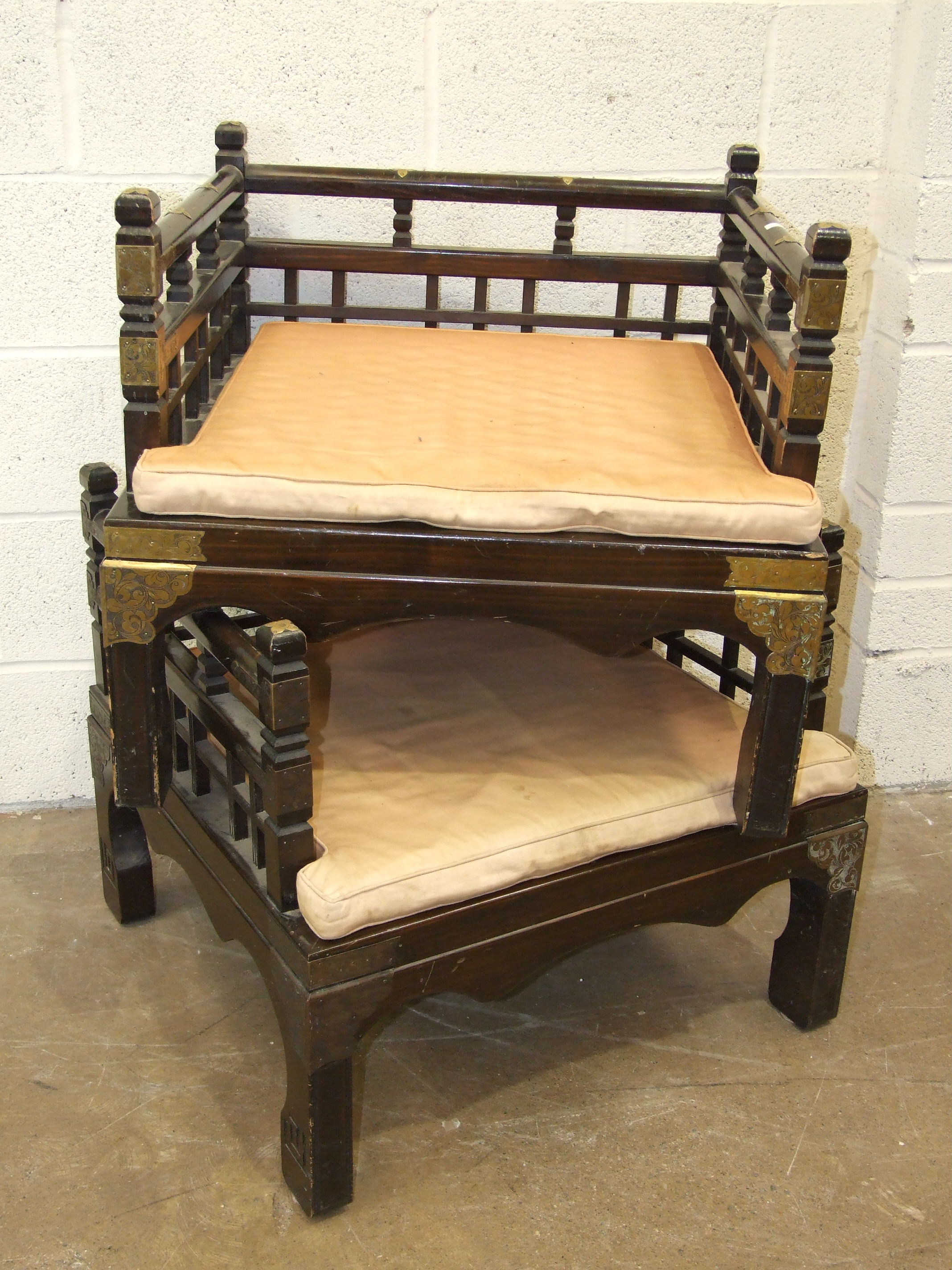 A pair of reproduction Oriental wood and metal-mounted low chairs of square form, with loose - Image 2 of 2