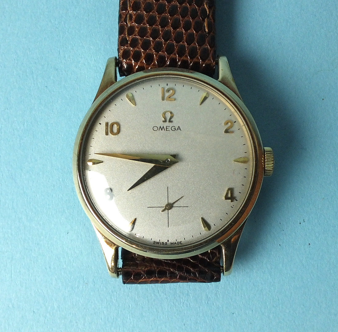 Omega, a gent's 9ct-gold-cased wrist watch c1950's, the silvered dial with Arabic even and dart - Image 2 of 4