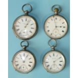 Three silver-cased open-face key-wind pocket watches and one keyless open-face pocket watch, (all