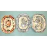 A large 19th century Masons ironstone lily pattern ashet, 47 x 38cm and two Masons ironstone blue