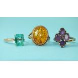 A 9ct gold ring set amethyst cluster, size P, another set amber, size P and a third set green