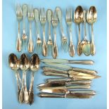 A set of nine each French silver gilt dessert spoons, table forks and knives with loaded handles,