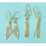 A pair of 18ct gold tassel earrings, 2.9g and a pair of yellow metal earrings set synthetic white