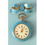 A ladies Swiss keyless pocket watch, the white enamel dial with Roman numerals within blue guilloche