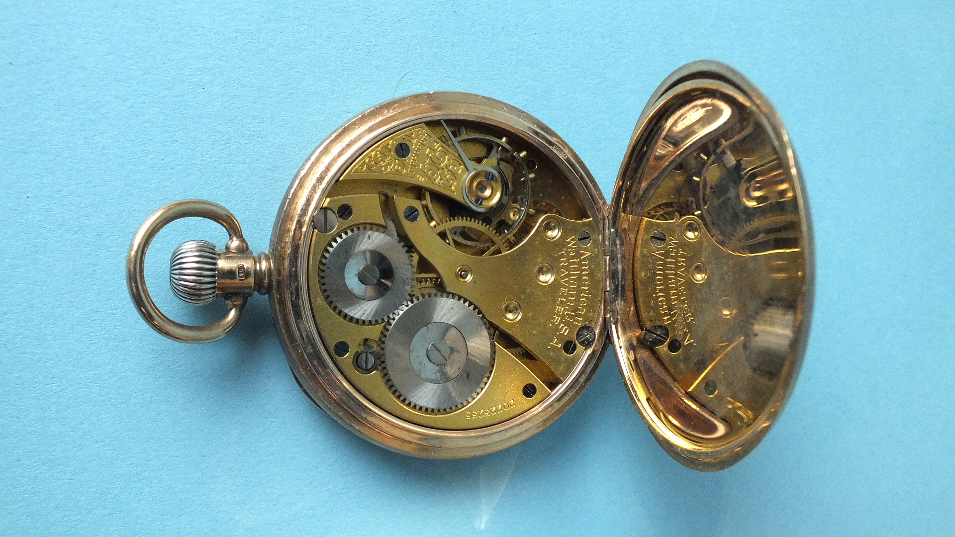 Waltham, a 9ct-rose-gold-cased open-face keyless pocket watch, the white enamel dial with Arabic - Image 3 of 3