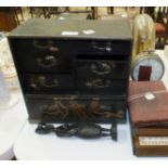 Two oak-cased striking mantel clocks, 23cm high, an Oriental lacquered jewellery cabinet, (a/f)