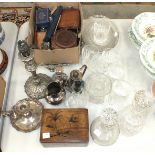 A collection of plated cutlery, a plated salver, other plated ware, two glass decanters, drinking