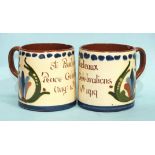 Two Longpark Torquay Pottery commemorative mottoware mugs, 'St Budeaux Peace Celebrations Aug 4th