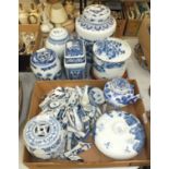 A collection of modern blue and white Oriental ceramics, including ginger jars, three-tier dish,